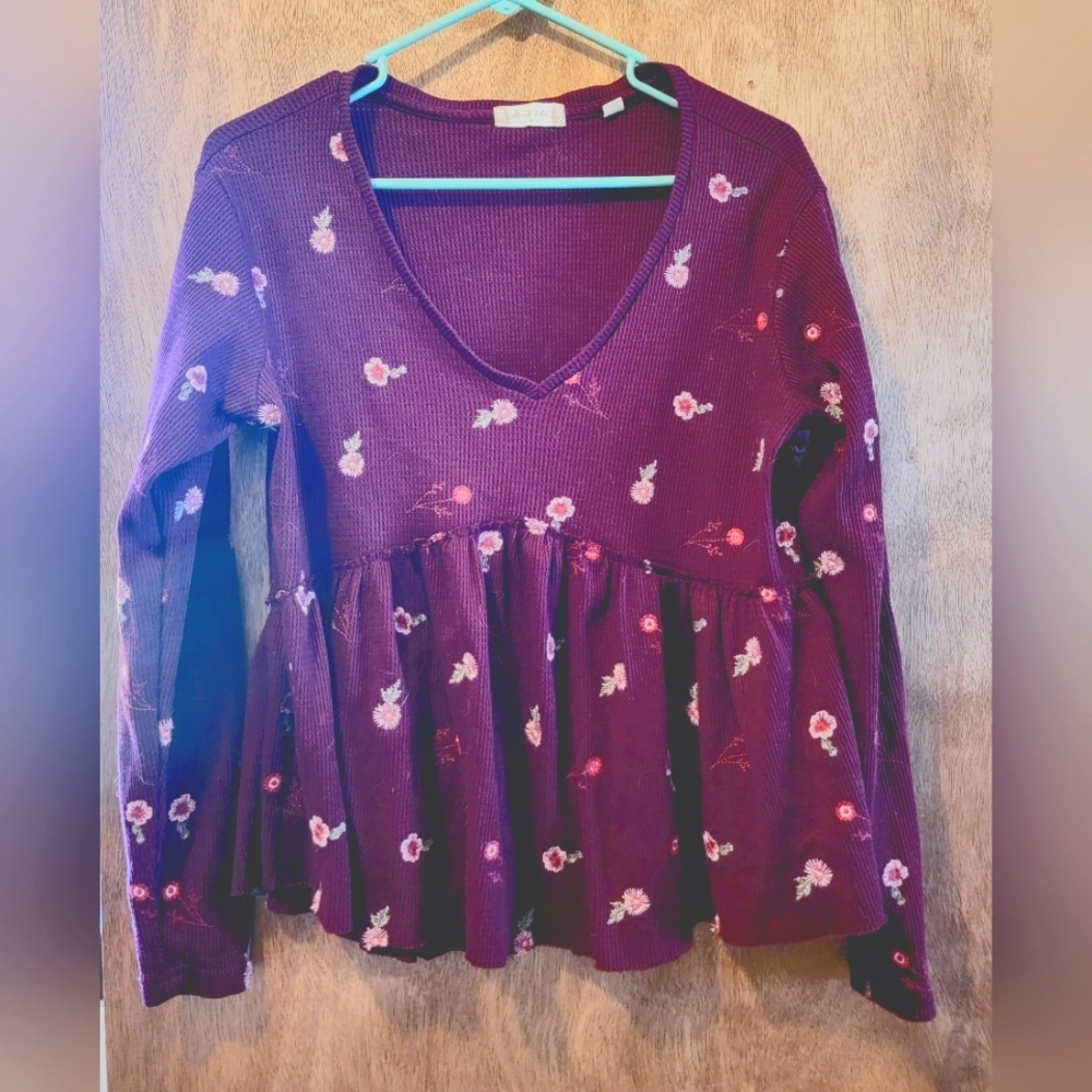 Altrd state thermal baby doll long sleeve embroidery flowers wine color size med